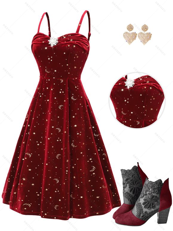 Celestial Sun Moon Star Print Velour Dress and Chunky Heels Zip Fly Sandals Hear Pendant Earrings Outfit - Rouge foncé S | US 4