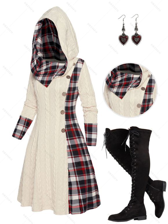 Plaid Print Panel Cable Knit Hooded Dress and Lace Up Over The Knee Boots Heart Rose Rivet Drop Earrings Outfit - Blanc S | US 4