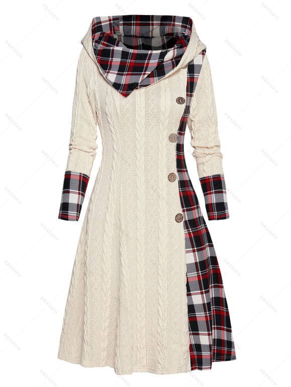 Plaid Print Panel Cable Knit Hooded Dress and Lace Up Over The Knee Boots Heart Rose Rivet Drop Earrings Outfit - Blanc S | US 4