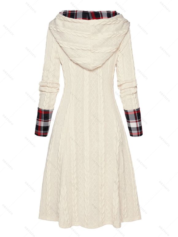 Plaid Print Panel Cable Knit Hooded Dress and Lace Up Over The Knee Boots Heart Rose Rivet Drop Earrings Outfit - Blanc S | US 4