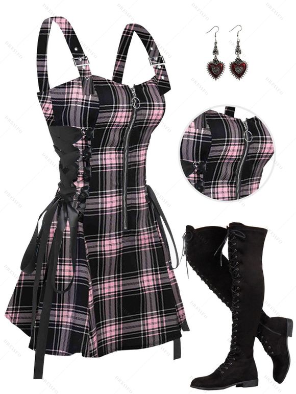 Retro Plaid Print Lace Up Dress and Over The Knee Boots Heart Rose Rivet Drop Earrings Outfit - Rose clair S | US 4