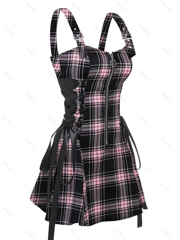 Retro Plaid Print Lace Up Dress and Over The Knee Boots Heart Rose Rivet Drop Earrings Outfit - Rose clair S | US 4