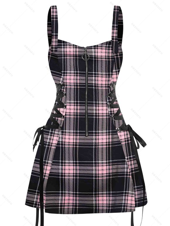Retro Plaid Print Lace Up Dress and Over The Knee Boots Heart Rose Rivet Drop Earrings Outfit - Rose clair S | US 4