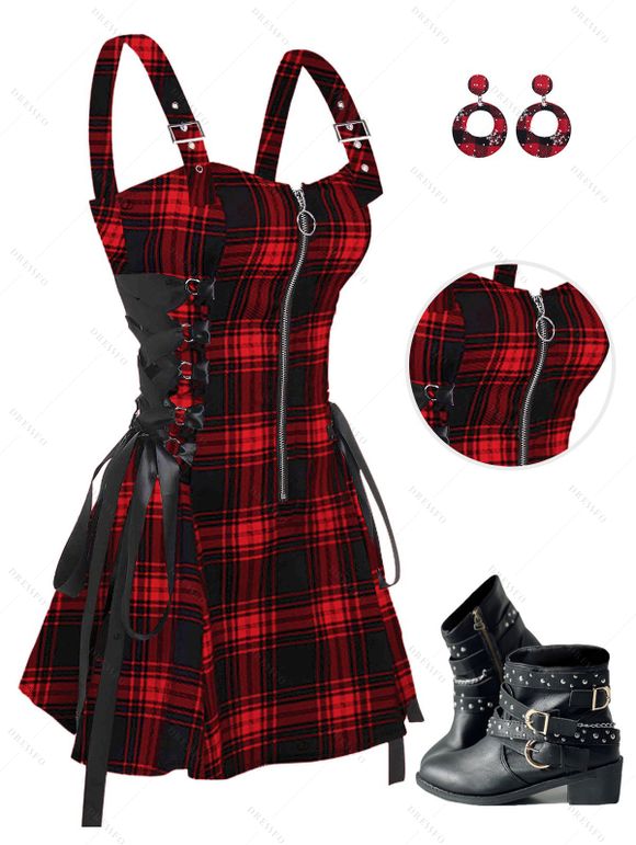 Retro Plaid Print Lace Up Dress and Zip Up Chunky Heel Punk Boots Snowflake Studs Round Earrings Outfit - Rouge foncé S | US 4