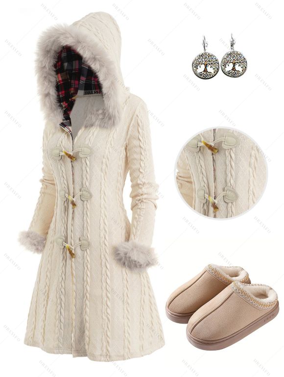 Cable Knit Plaid Faux Fur Panel Hooded Coat and Thick-Soled Slippers Life Tree Round Drop Earrings Outfit - Beige S | US 4