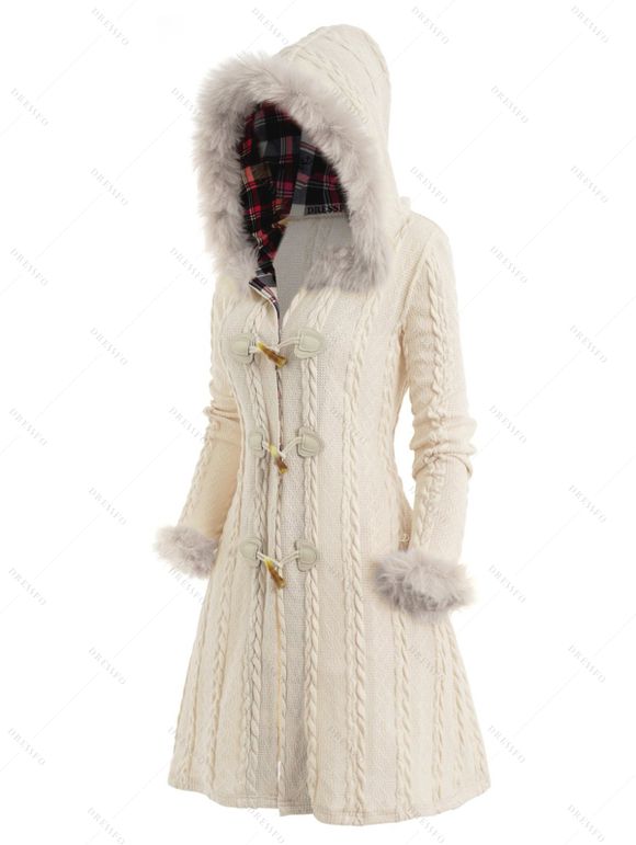 Cable Knit Plaid Faux Fur Panel Hooded Coat and Thick-Soled Slippers Life Tree Round Drop Earrings Outfit - Beige S | US 4