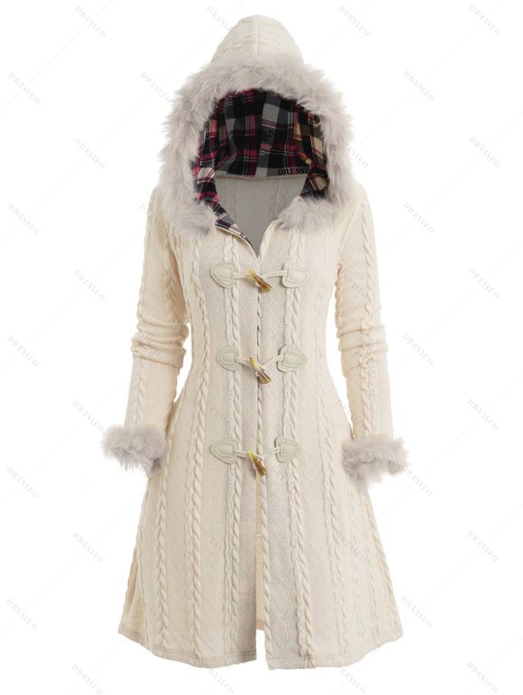 Cable Knit Plaid Faux Fur Panel Hooded Coat and Thick-Soled Slippers Life Tree Round Drop Earrings Outfit - Beige S | US 4