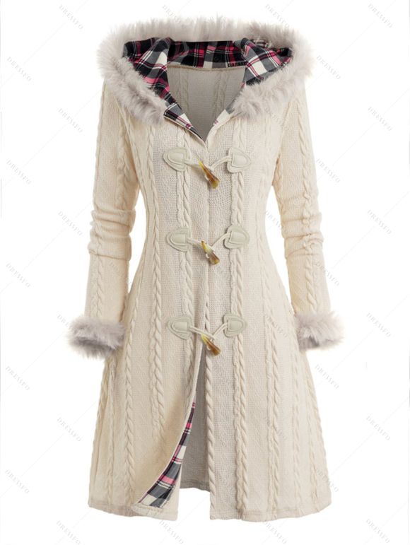Cable Knit Plaid Faux Fur Panel Hooded Coat and Thick-Soled Slippers Life Tree Round Drop Earrings Outfit - Beige S | US 4