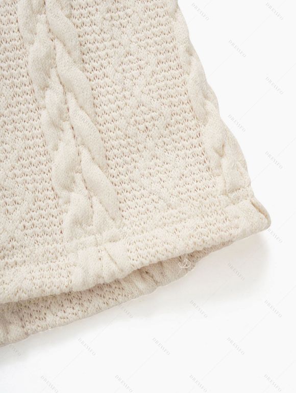 Cable Knit Plaid Faux Fur Panel Hooded Coat and Thick-Soled Slippers Life Tree Round Drop Earrings Outfit - Beige S | US 4