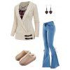 Plaid Print Cable Knit Top and Lace Up Flare Jeans Thick-Soled Slippers Heart Rose Rivet Earrings Outfit - Beige S | US 4