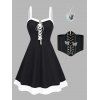 Two Tone Lace Up Mini Dress and Butterfly Chain Wide Belt Rhinestone Chain Necklace Outfit - Noir S | US 4