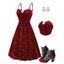 Celestial Sun Moon Star Print Velour Dress and Chunky Heels Zip Fly Sandals Hear Pendant Earrings Outfit - Rouge foncé S | US 4