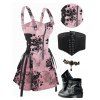 Bat Floral Print Buckle Strap Dress and Zip Up Chunky Heel Boots Lace Up Wide Belt Retro Ankle Chain Outfit - Rose clair S | US 4