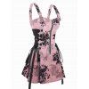 Bat Floral Print Buckle Strap Dress and Zip Up Chunky Heel Boots Lace Up Wide Belt Retro Ankle Chain Outfit - Rose clair S | US 4