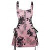 Bat Floral Print Buckle Strap Dress and Zip Up Chunky Heel Boots Lace Up Wide Belt Retro Ankle Chain Outfit - Rose clair S | US 4