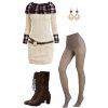 Plaid Cable Knit Belted Sweater Dress and Sheer Fleece-Lined Tights Leggings Lace Up Mid Calf Boots Wood Drop Earrings Outfit - Beige S | US 4