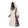 Plaid Print Panel Cable Knit Hooded Dress and Lace Up Over The Knee Boots Heart Rose Rivet Drop Earrings Outfit - Blanc S | US 4