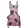 Bat Floral Print Buckle Strap Dress and Zip Up Chunky Heel Boots Lace Up Wide Belt Retro Ankle Chain Outfit - Rose clair S | US 4