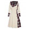 Plaid Print Panel Cable Knit Hooded Dress and Lace Up Over The Knee Boots Heart Rose Rivet Drop Earrings Outfit - Blanc S | US 4