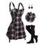 Retro Plaid Print Lace Up Dress and Over The Knee Boots Heart Rose Rivet Drop Earrings Outfit - Rose clair S | US 4