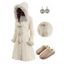 Cable Knit Plaid Faux Fur Panel Hooded Coat and Thick-Soled Slippers Life Tree Round Drop Earrings Outfit - Beige S | US 4