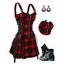 Retro Plaid Print Lace Up Dress and Zip Up Chunky Heel Punk Boots Snowflake Studs Round Earrings Outfit - Rouge foncé S | US 4