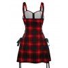 Retro Plaid Print Lace Up Dress and Zip Up Chunky Heel Punk Boots Snowflake Studs Round Earrings Outfit - Rouge foncé S | US 4