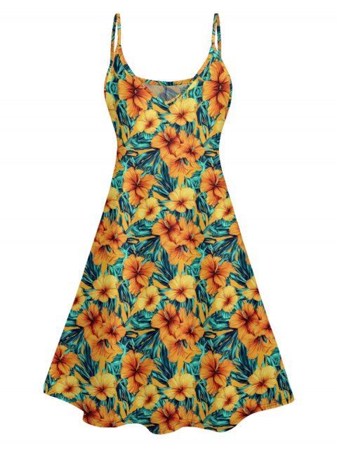 Robe de Vacances Ligne A Fleurie Imprimée à Taille Haute à Bretelle Fine sans Manches