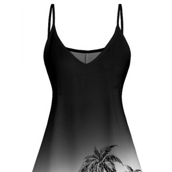 Ombre Coconut Tree Print V Neck High Waist Spaghetti Strap Dress Sleeveless Beach A Line Cami Dress