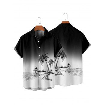 Hawaii Ombre Coconut Tree Print V Neck High Waist Spaghetti Strap Dress and Roll Up Sleeve Shirt Outfit