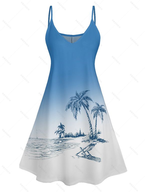 Robe de Plage Ligne A Ombré Cocotier Imprimé à Bretelle Fine sans Manches - Bleu clair M | US 6