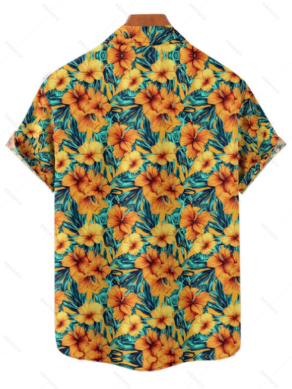 Chemise de Vacances Décontractée Fleurie Imprimée Boutonnée à Manches Courtes - Orange S