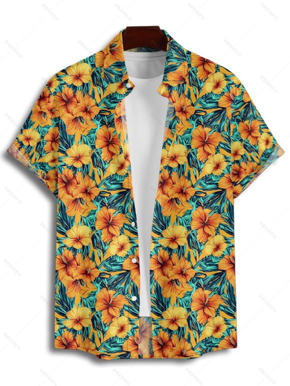 Chemise de Vacances Décontractée Fleurie Imprimée Boutonnée à Manches Courtes - Orange S