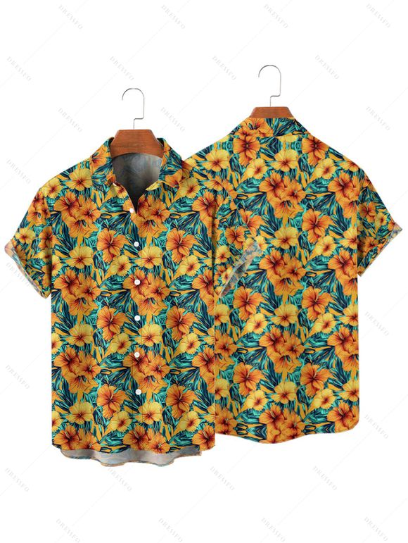 Chemise de Vacances Décontractée Fleurie Imprimée Boutonnée à Manches Courtes - Orange S