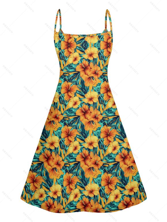 Robe de Vacances Ligne A Fleurie Imprimée à Taille Haute à Bretelle Fine sans Manches - Orange S | US 4