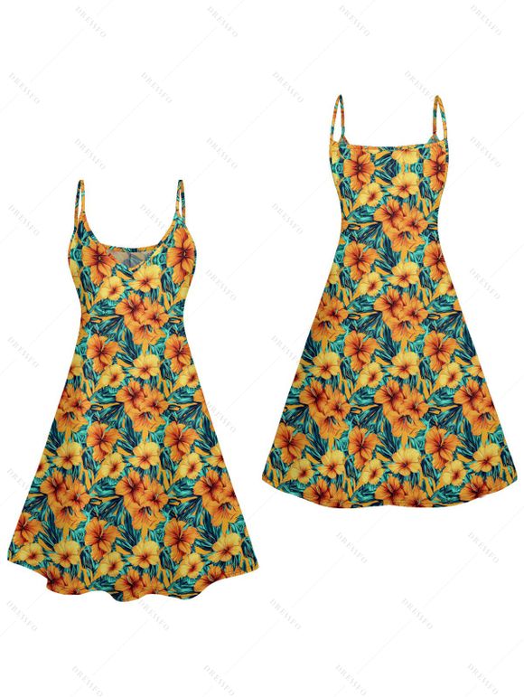 Robe de Vacances Ligne A Fleurie Imprimée à Taille Haute à Bretelle Fine sans Manches - Orange S | US 4