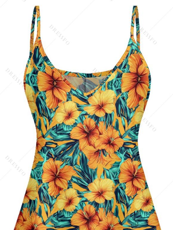 Robe de Vacances Ligne A Fleurie Imprimée à Taille Haute à Bretelle Fine sans Manches - Orange S | US 4