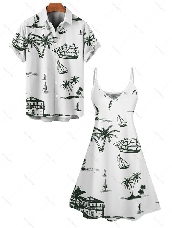 Hawaii Coconut Tree Print V Neck High Waist Spaghetti Strap Dress and Roll Up Sleeve Shirt Outfit - Blanc S | US 4