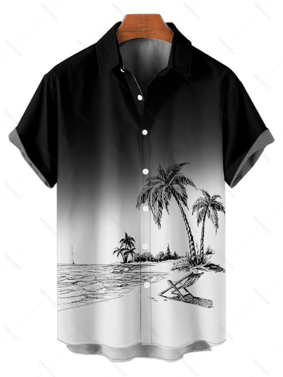 Chemise de Vacances Décontractée Boutonnée Cocotier Imprimé à Manches Courtes - Noir S