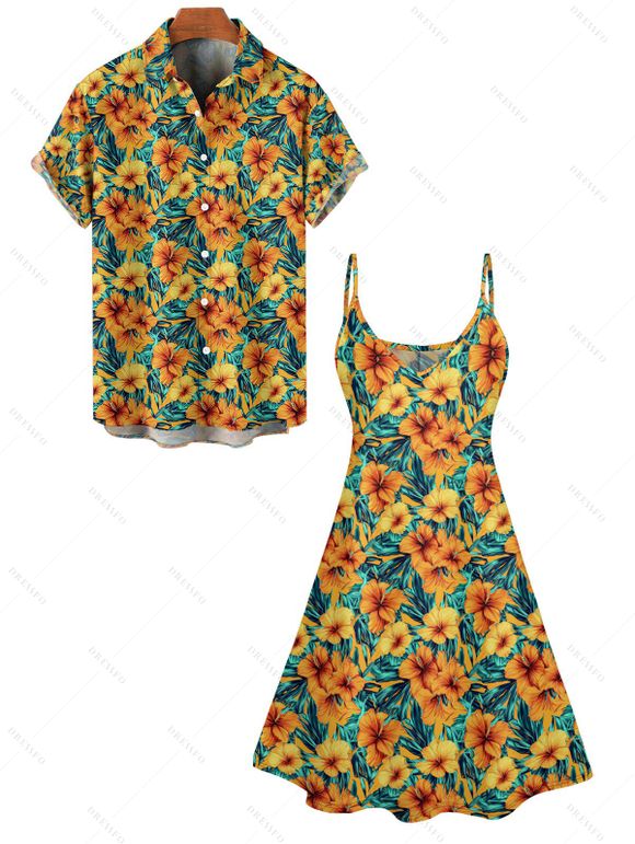 Hawaii Floral Print V Neck High Waist Spaghetti Strap Dress and Roll Up Sleeve Shirt Outfit - Orange S | US 4