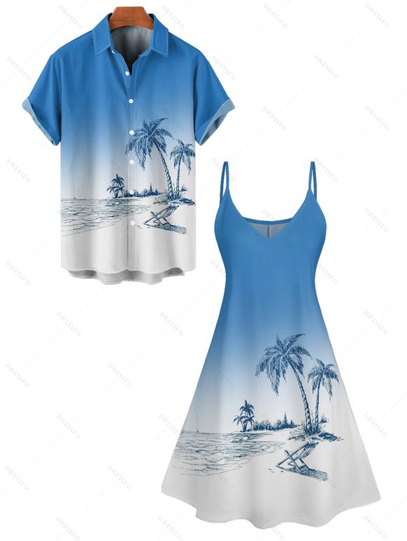 Hawaii Ombre Coconut Tree Print V Neck High Waist Spaghetti Strap Dress and Roll Up Sleeve Shirt Outfit - Bleu clair S | US 4