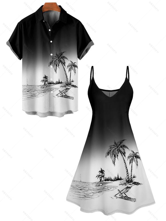 Hawaii Ombre Coconut Tree Print V Neck High Waist Spaghetti Strap Dress and Roll Up Sleeve Shirt Outfit - Noir S | US 4