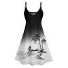 Hawaii Ombre Coconut Tree Print V Neck High Waist Spaghetti Strap Dress and Roll Up Sleeve Shirt Outfit - Noir S | US 4