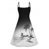 Hawaii Ombre Coconut Tree Print V Neck High Waist Spaghetti Strap Dress and Roll Up Sleeve Shirt Outfit - Noir S | US 4