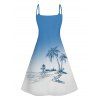 Hawaii Ombre Coconut Tree Print V Neck High Waist Spaghetti Strap Dress and Roll Up Sleeve Shirt Outfit - Bleu clair S | US 4