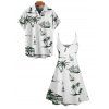 Hawaii Coconut Tree Print V Neck High Waist Spaghetti Strap Dress and Roll Up Sleeve Shirt Outfit - Blanc S | US 4