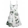 Hawaii Coconut Tree Print V Neck High Waist Spaghetti Strap Dress and Roll Up Sleeve Shirt Outfit - Blanc S | US 4