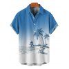 Hawaii Ombre Coconut Tree Print V Neck High Waist Spaghetti Strap Dress and Roll Up Sleeve Shirt Outfit - Bleu clair S | US 4