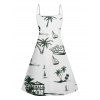 Hawaii Coconut Tree Print V Neck High Waist Spaghetti Strap Dress and Roll Up Sleeve Shirt Outfit - Blanc S | US 4