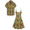 Hawaii Floral Print V Neck High Waist Spaghetti Strap Dress and Roll Up Sleeve Shirt Outfit - Orange S | US 4